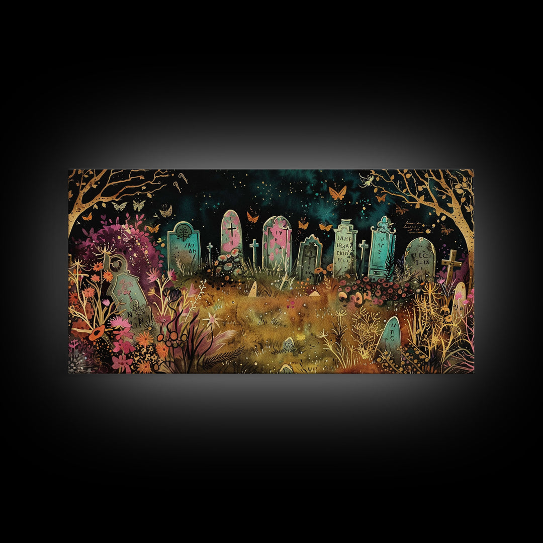 Colorful Haunted Grave Yard In The Spring Time, Framed Canvas Print, Spooky Wall Art, Halloween Spooky Season Decor