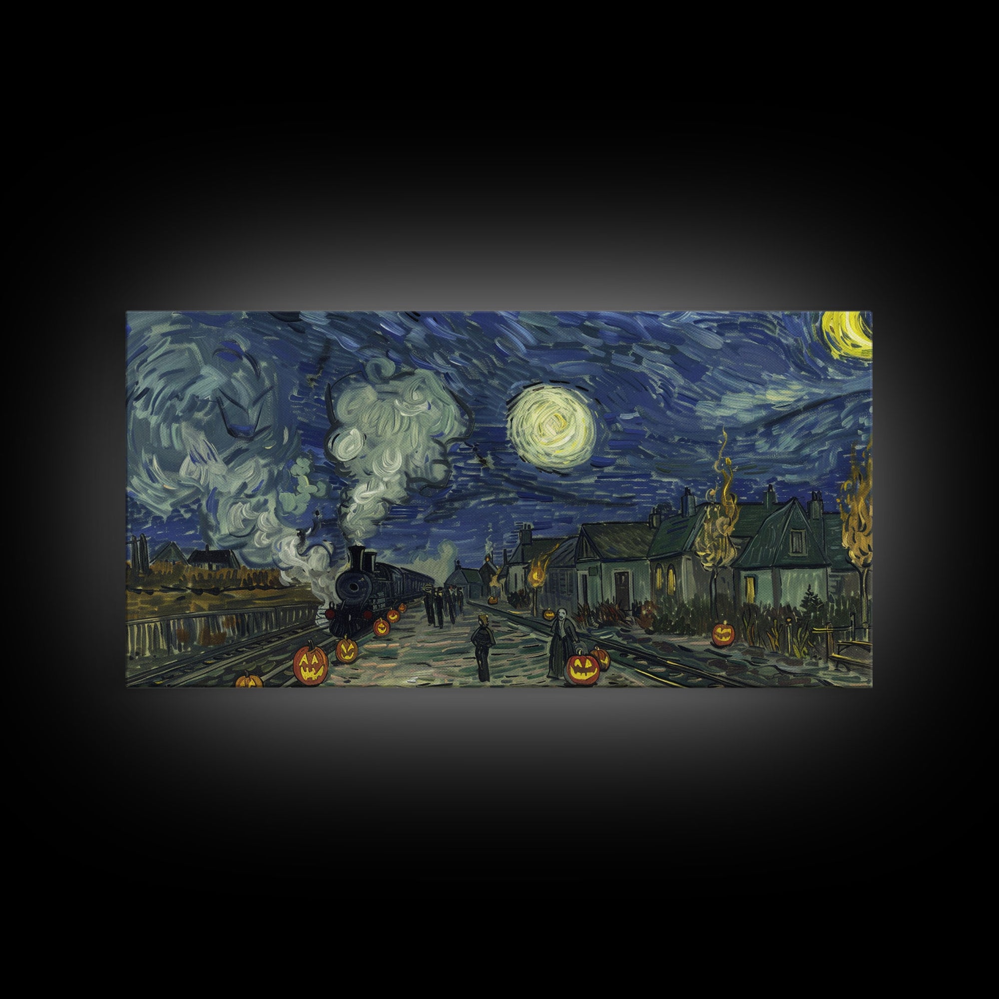 Starry Night Inspired Haunted Steam Train, Framed Canvas Print, Spooky Halloween Wall Art