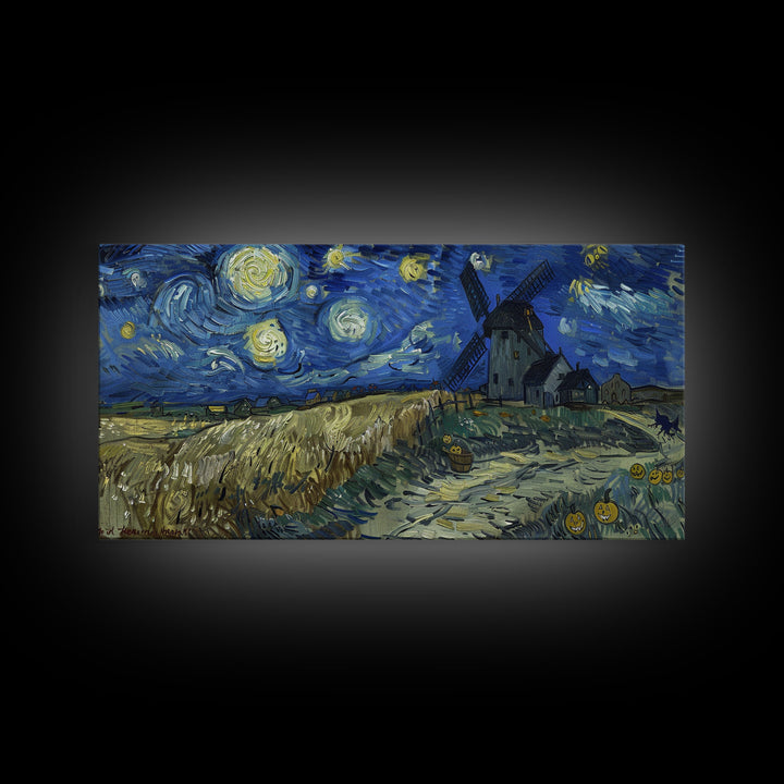 Starry Night Inspired Haunted Wind Mill, Framed Canvas Print, Spooky Halloween Wall Art