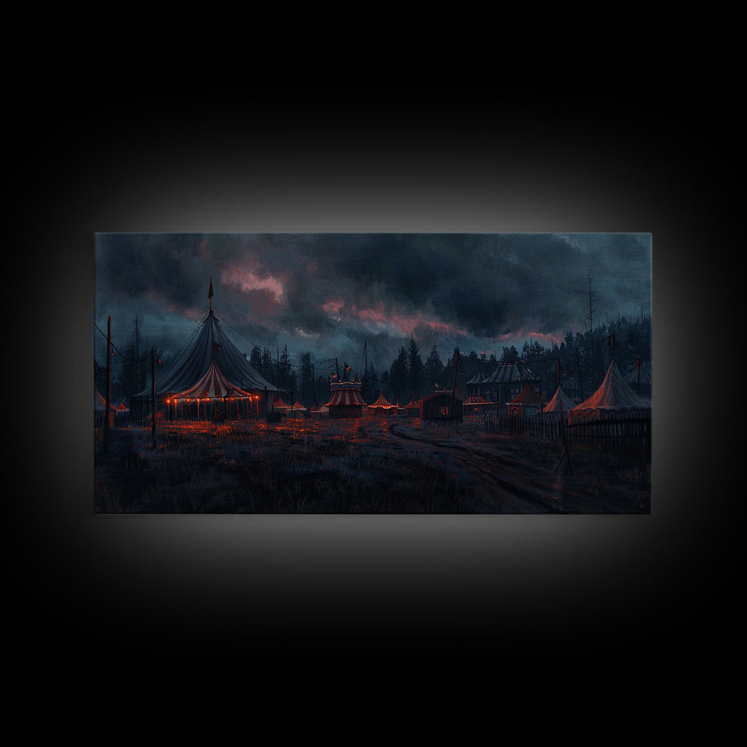 Spooky Haunted Carnival, Framed Canvas Print, Dark Academia Wood Framed Art, Halloween Decor, Spooky Vibes