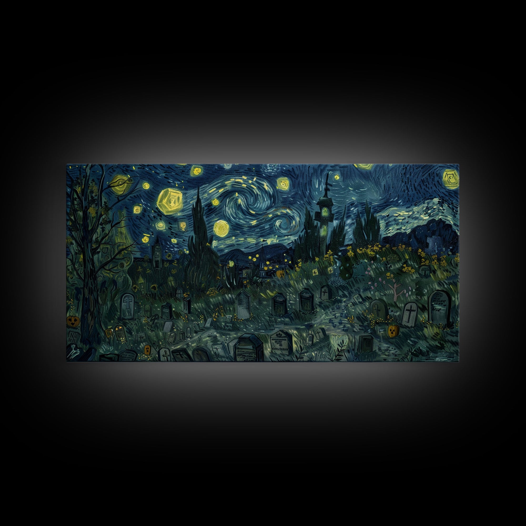 Starry Night Inspired Haunted Graveyard Framed Canvas Print, Halloween Wall Decor, Halloween Props, Halloween Gift Idea