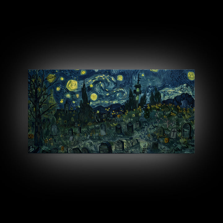 Starry Night Inspired Haunted Graveyard Framed Canvas Print, Halloween Wall Decor, Halloween Props, Halloween Gift Idea