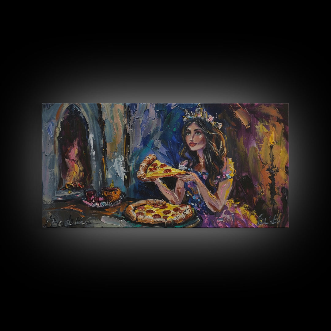 The Princess and the Pizza, Framed Canvas Print, Funny Decor, Funny Art