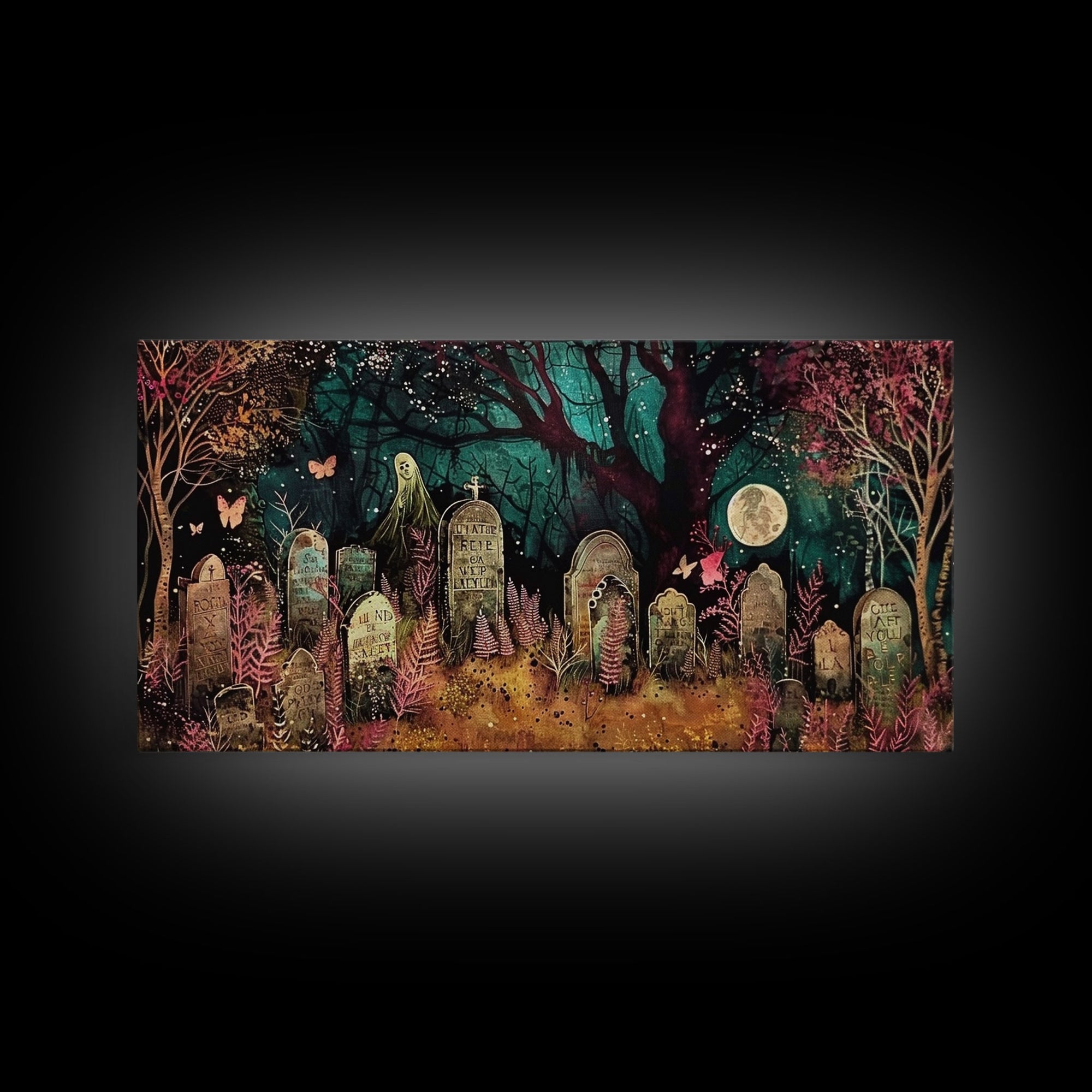 Spooky Cottagecore Mashup, Halloween Decor, Framed Canvas Print, Haunted Grave Yard Halloween Prop