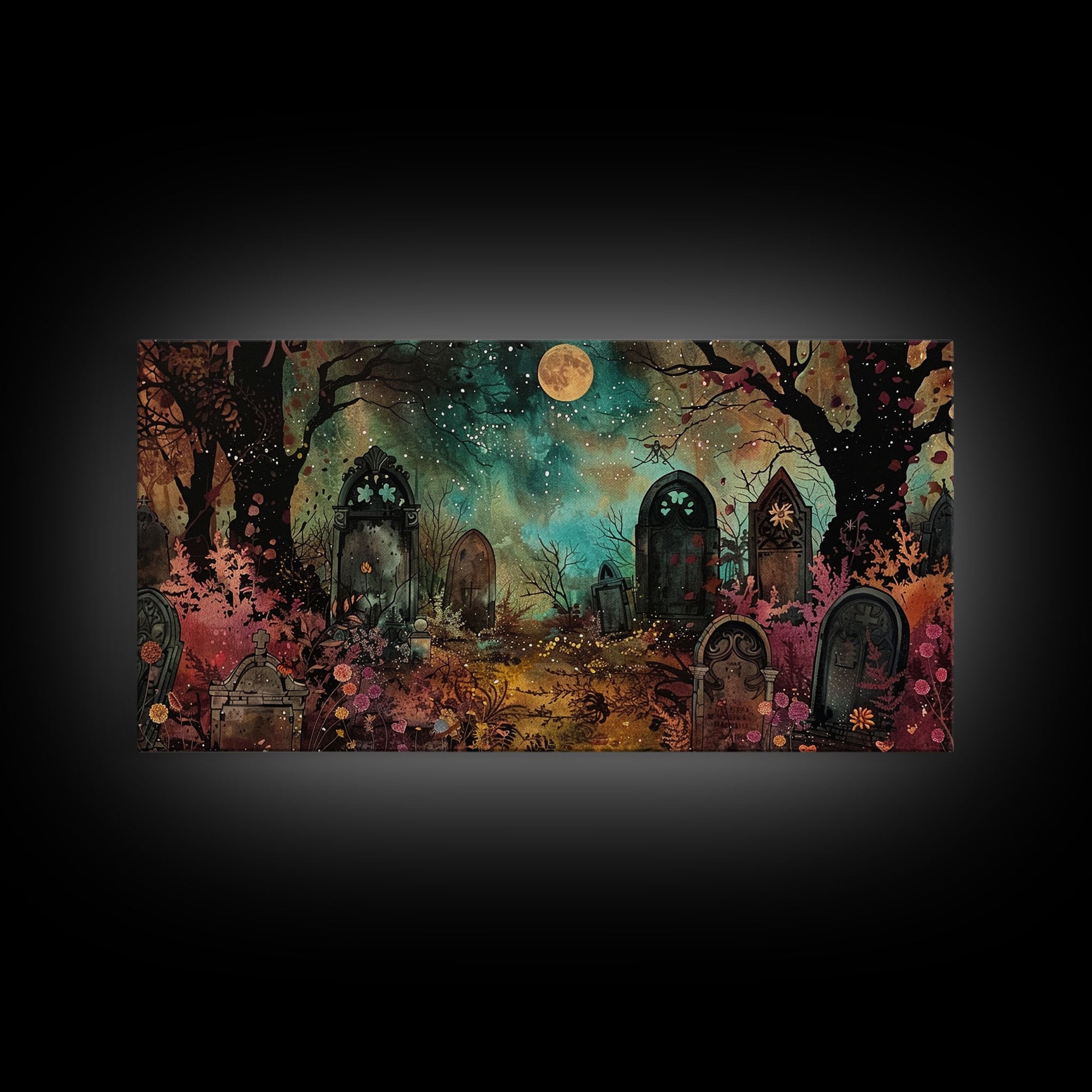 Spooky Cottagecore Mashup, Halloween Decor, Framed Canvas Print, Haunted Grave Yard Halloween Prop
