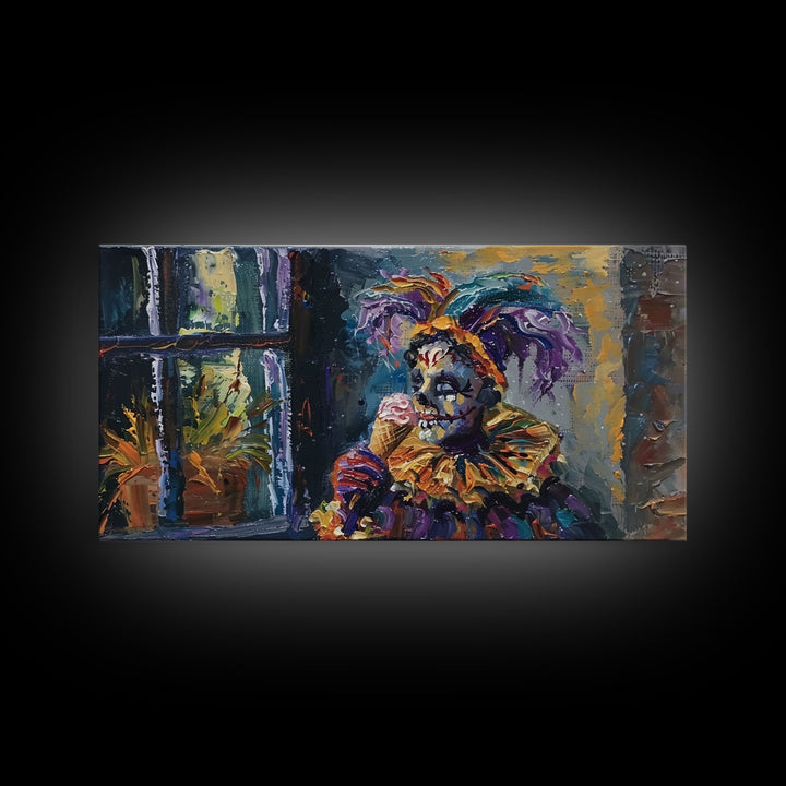 Spooky Court Jester Having an Ice Cream, Funny Halloween Art, Framed Canvas Print