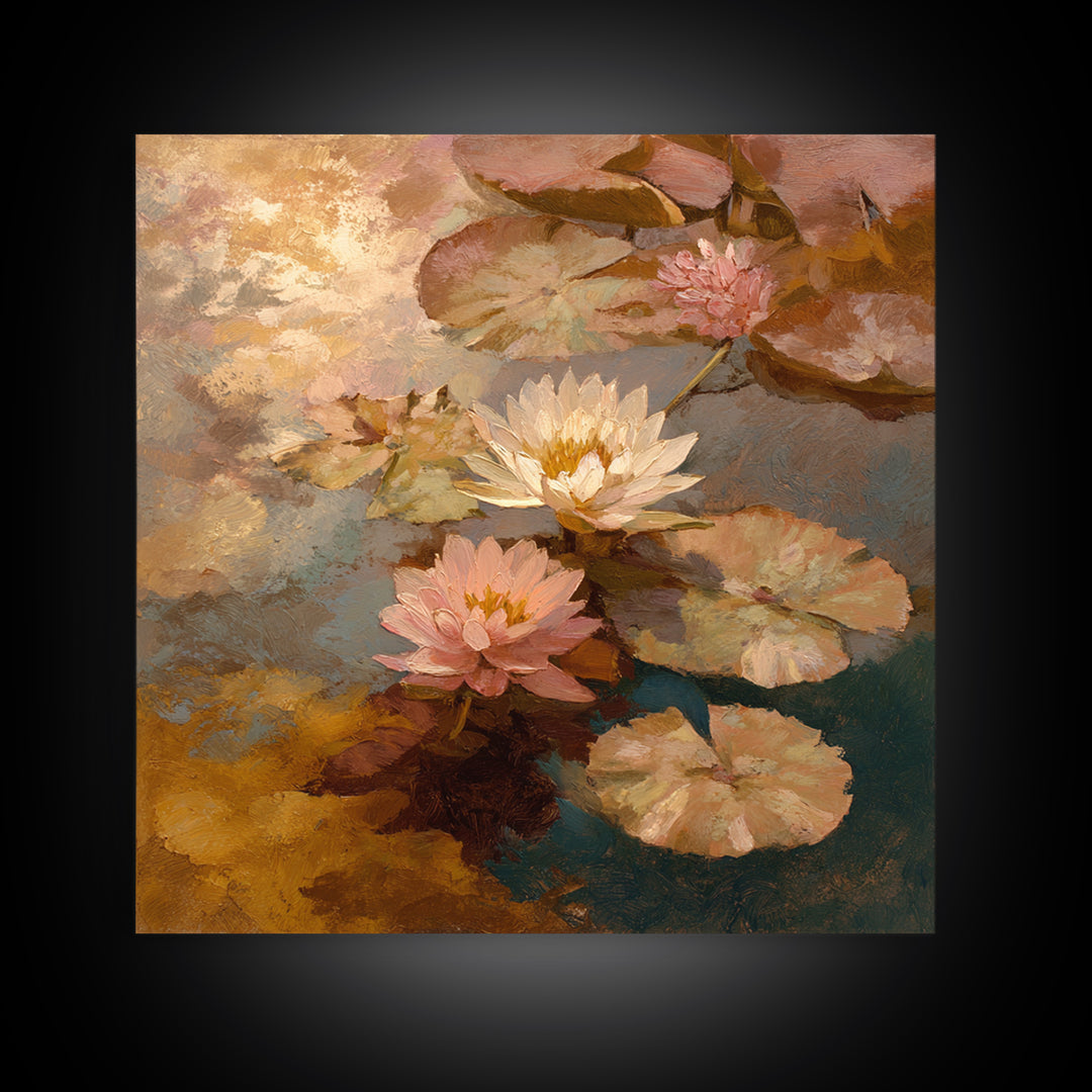 Water Lilies Floating on a Sunlit Pond Framed Canvas Print, Impressionist Art, Modern Decor, Living Room Decor, Impression, IMP-1x1-1