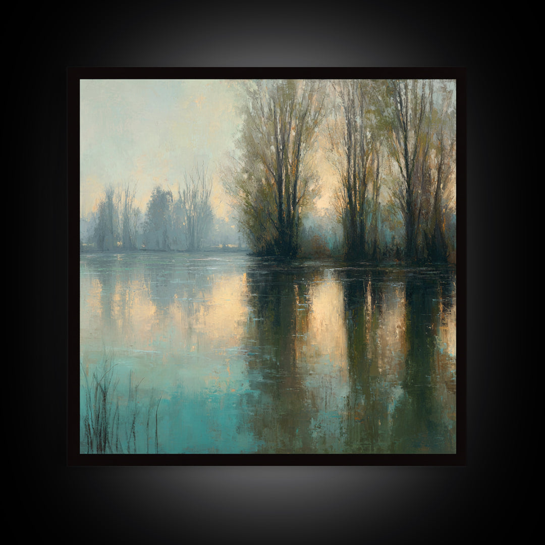 Misty Riverbank with Willow Trees Framed Canvas Print, Impressionist Art, Living Room Decor, Impression, Landscape Art, IMP-1x1-11