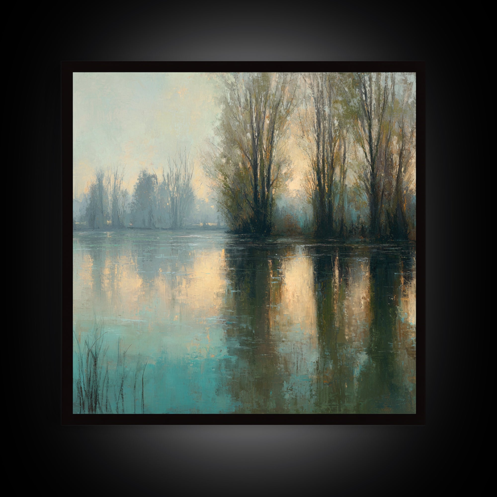 Misty Riverbank with Willow Trees Framed Canvas Print, Impressionist Art, Living Room Decor, Impression, Landscape Art, IMP-1x1-11