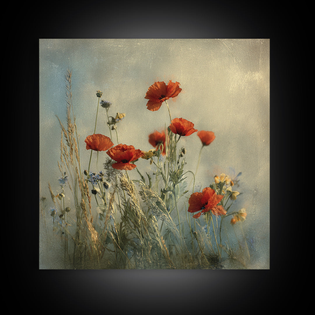 Poppies Blowing Through Green Grass Framed Canvas Print, Impressionist Art, Painting, Living Room Decor, Fine Art, Impression, IMP-1x1-12