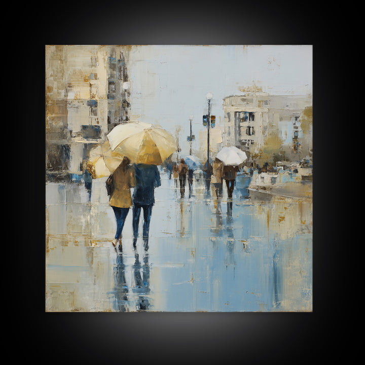 Rainy Boulevard with Umbrella Shapes Framed Canvas Print, Impressionist Art, Neutral Decor, Living Room Decor, Impression, IMP-1x1-21