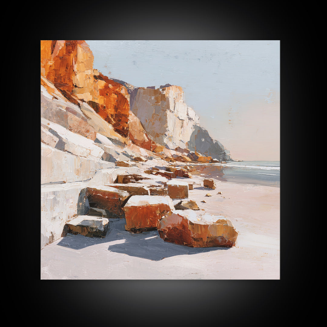 Soft Seaside Cliffs Framed Canvas Print, Impressionist Art, Textured Painting, Living Room Decor, Fine Art, Impression, IMP-1x1-29