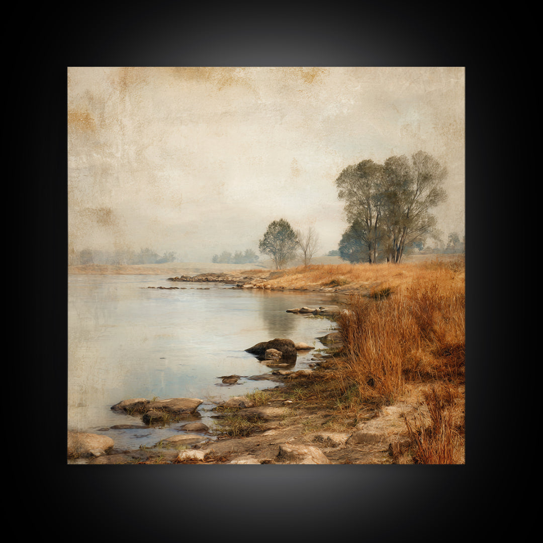 Misty Riverbank with Willow Trees Canvas Print, Impressionist Art, Coastal Wall Art, Living Room Decor, Fine Art, Impression, IMP-1x1-35
