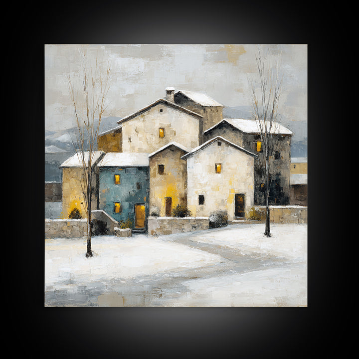 Snowy Village with Warm Glowing Windows Framed Canvas Print, Impressionist Art, Boho Decor, Living Room Decor, Oil Painting, IMP-1x1-37
