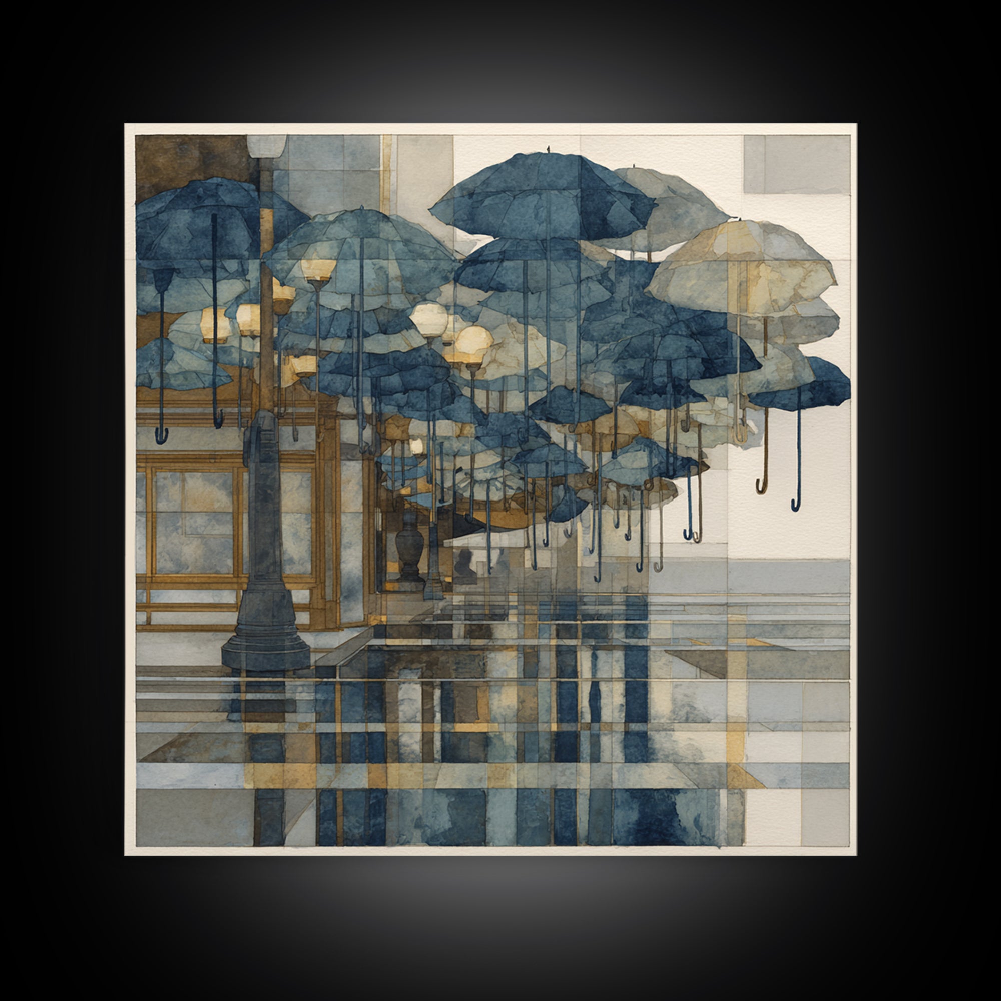 Rainy Boulevard with Umbrella Shapes Canvas Print, Impressionist Art, Luxury Decor, Living Room Decor, Abstract Art, Impression, IMP-1x1-45