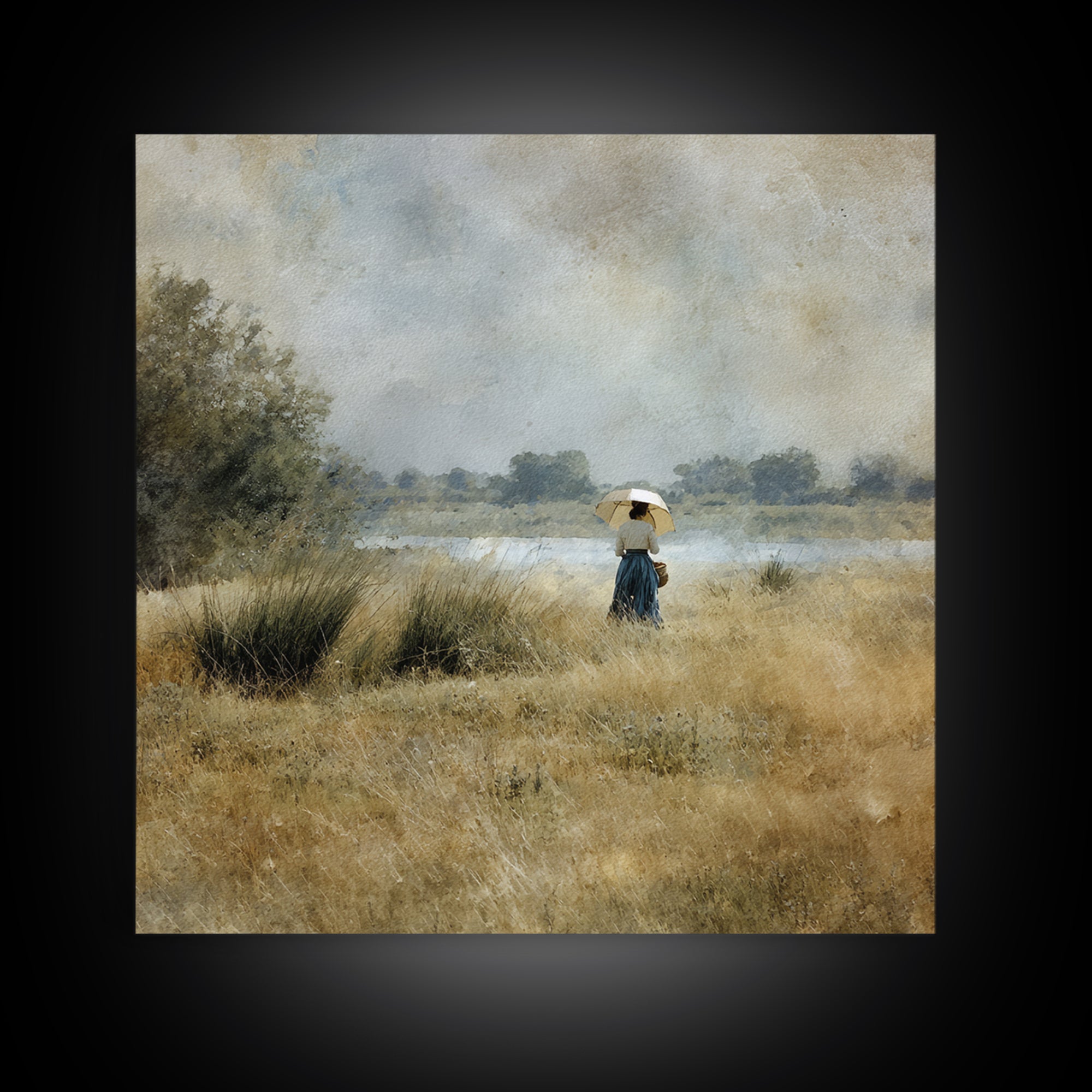 Woman with Parasol in Breezy Meadow Framed Canvas Print, Impressionist Art, Living Room Art, Living Room Decor, Oil Painting, IMP-1x1-51