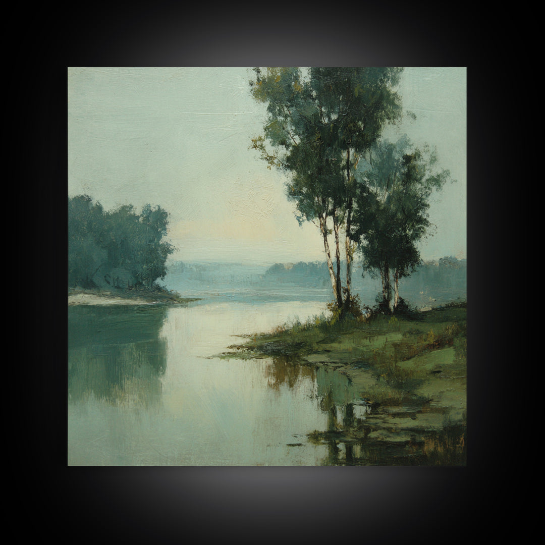 Misty Riverbank with Willow Trees Canvas Print, Impressionist Art, Gallery Decor, Living Room Decor, Fine Art, Impression, IMP-1x1-59