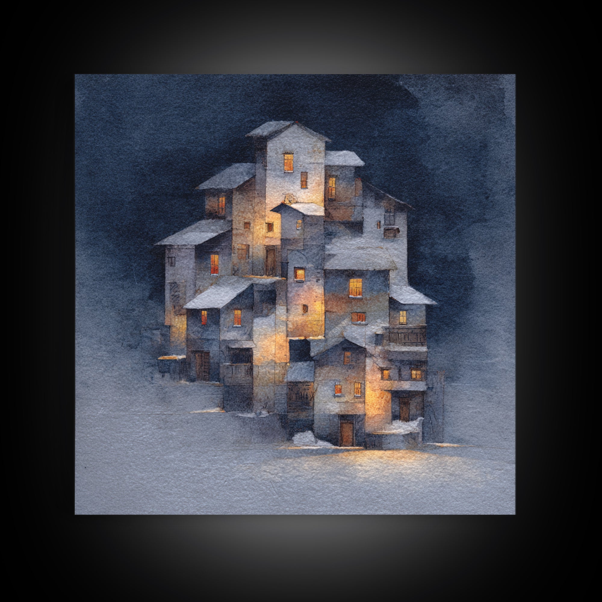 Snowy Village with Warm Glowing Windows Framed Canvas Print, Impressionist Art, Boho Decor, Living Room Decor, Oil Painting, IMP-1x1-61