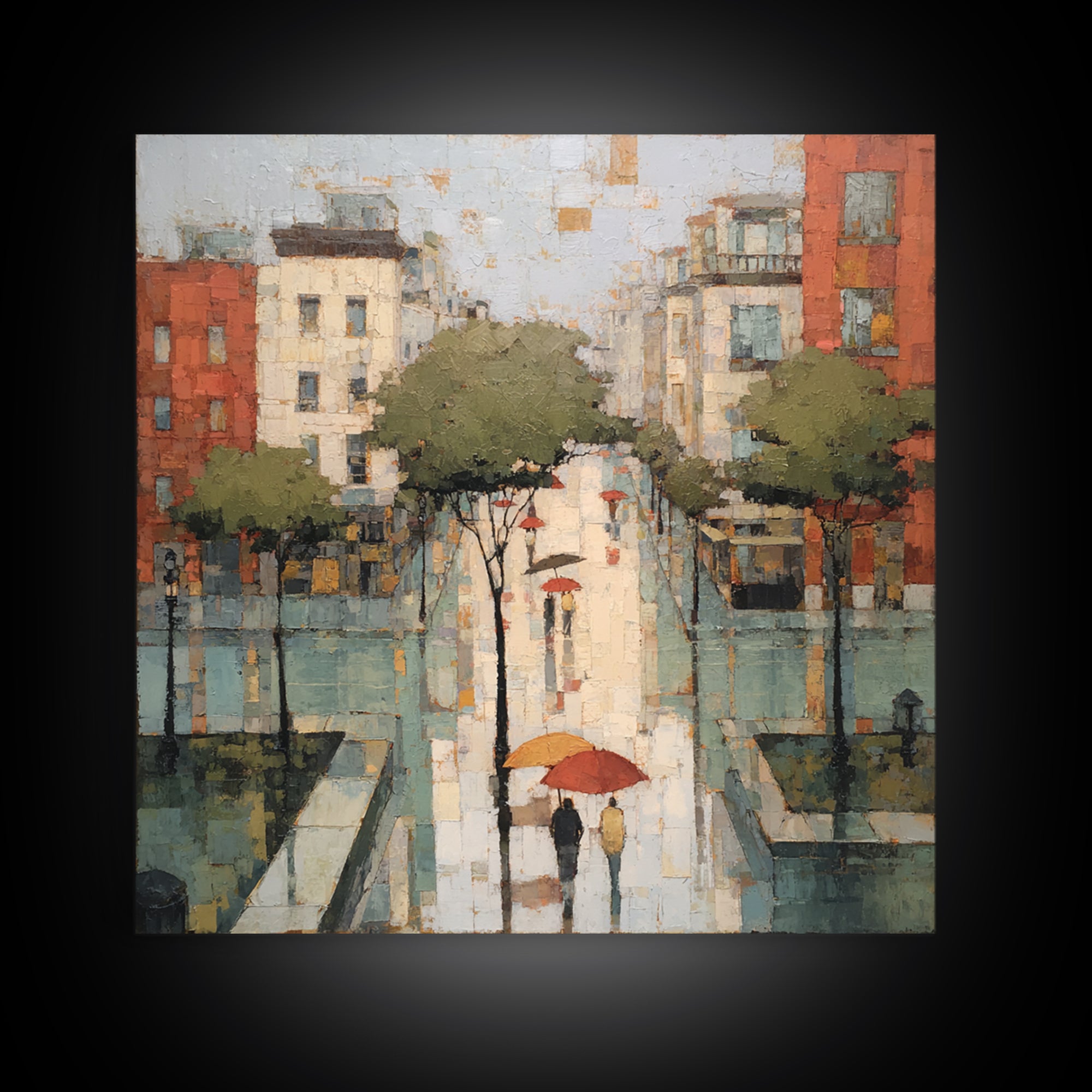 Rainy Boulevard with Umbrella Shapes Canvas Print, Impressionist Art, Luxury Decor, Living Room Decor, Abstract Art, Impression, IMP-1x1-69