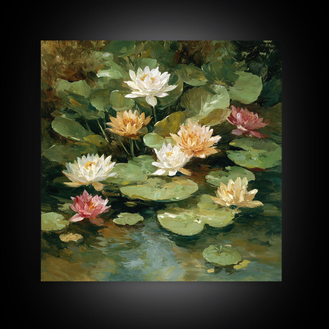 Water Lilies Floating on a Sunlit Pond Framed Canvas Print, Impressionist Art, Living Room Decor, Watercolor Art, Impression, IMP-1x1-73