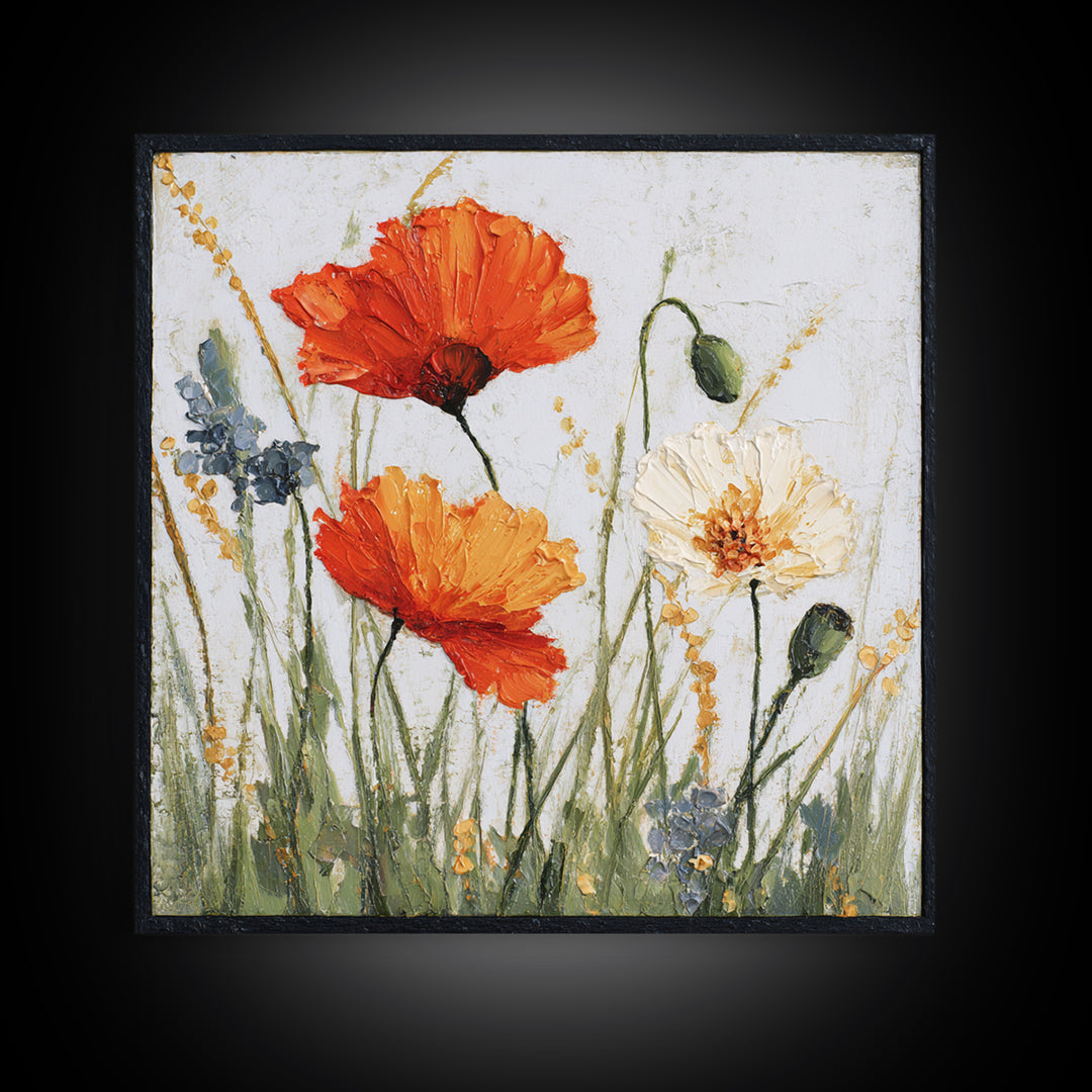 Poppies Blowing Through Green Grass Framed Canvas Print, Impressionist Art, Landscape Art, Living Room Decor, Abstract Art, IMP-1x1-84