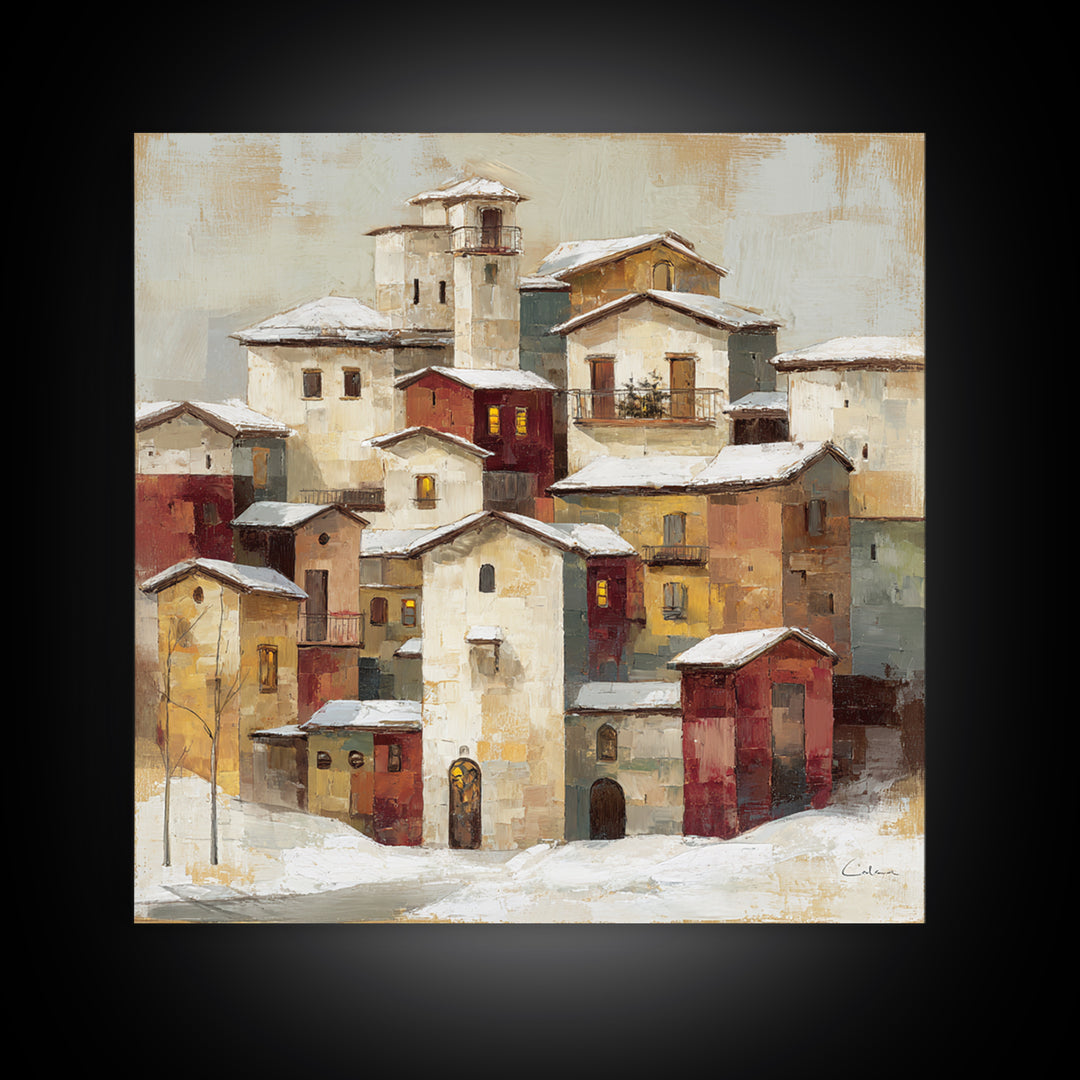 Snowy Village with Warm Glowing Windows Canvas Print, Impressionist Art, Minimalist Decor, Living Room Decor, Impression, IMP-1x1-85