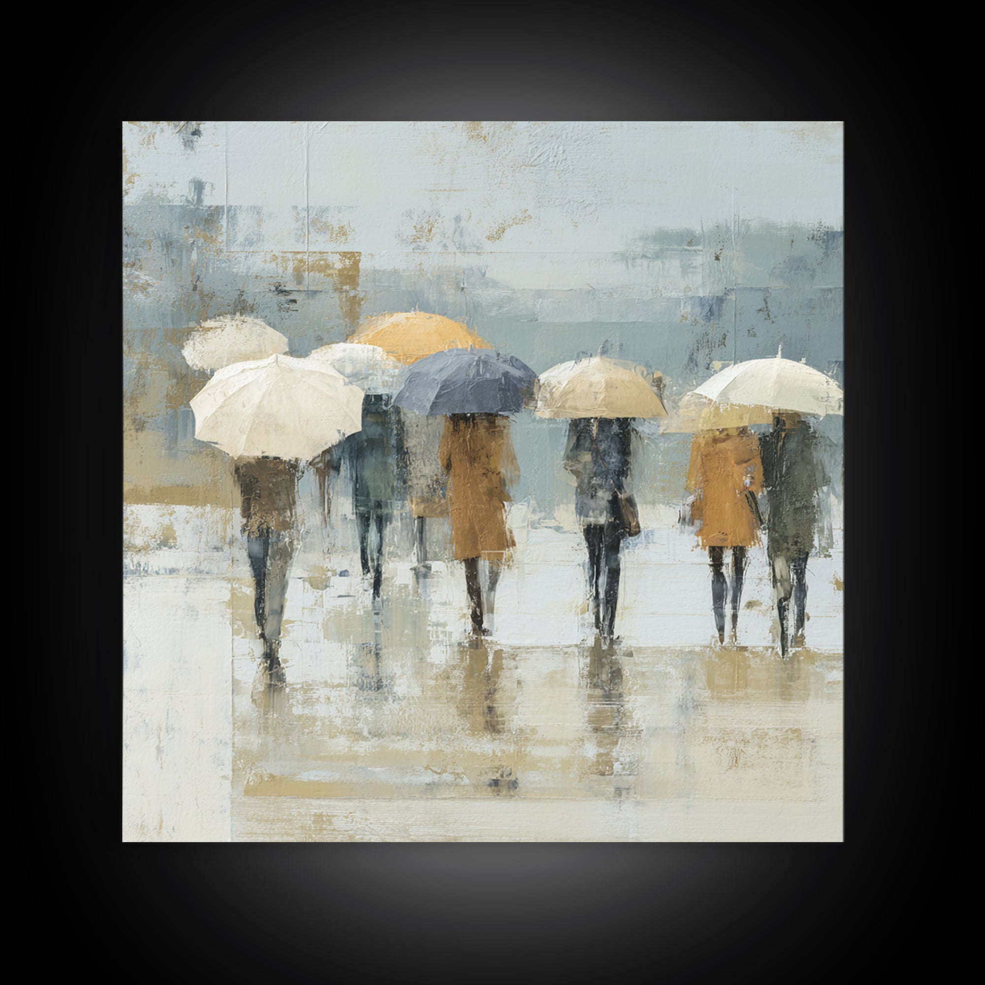 Rainy Boulevard with Umbrella Shapes Framed Canvas Print, Impressionist Art, Wall Art, Living Room Decor, Abstract Art, IMP-1x1-93