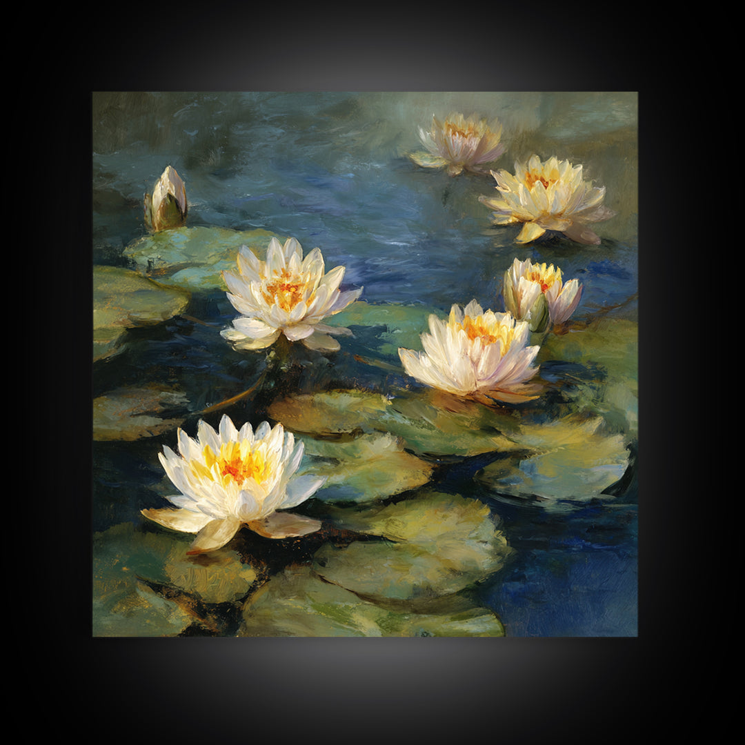 Water Lilies Floating on a Sunlit Pond Canvas Print, Impressionist Art, Oil Painting, Living Room Decor, Impression, IMP-1x1-97