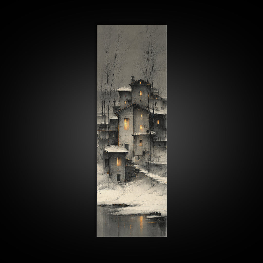 Snowy Village with Warm Glowing Windows Canvas Print, Impressionist Art, Bedroom Decor, Living Room Decor, Fine Art, Impression, IMP-1x3-25