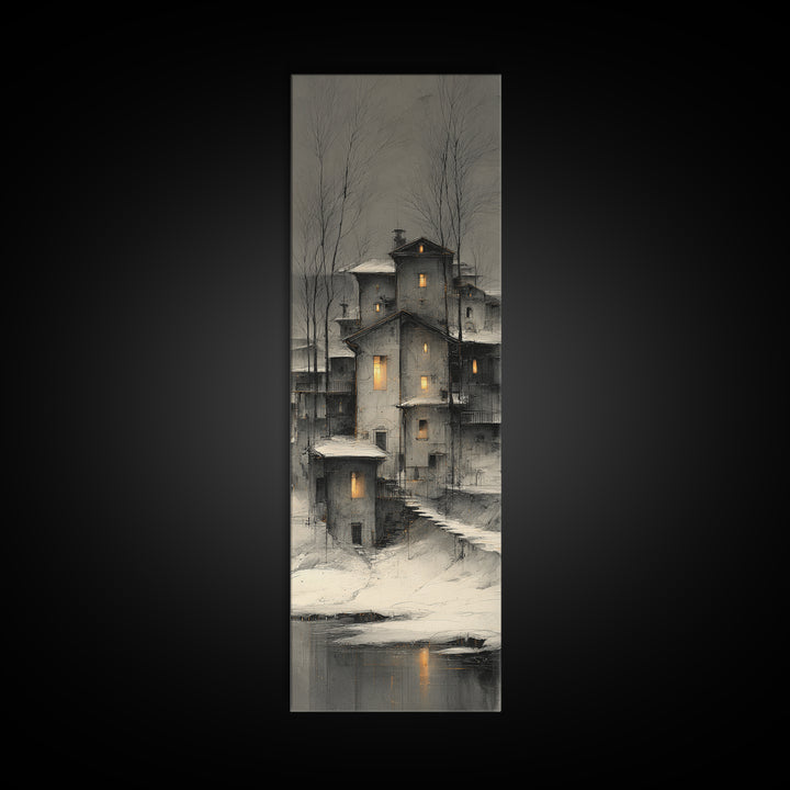 Snowy Village with Warm Glowing Windows Canvas Print, Impressionist Art, Bedroom Decor, Living Room Decor, Fine Art, Impression, IMP-1x3-25