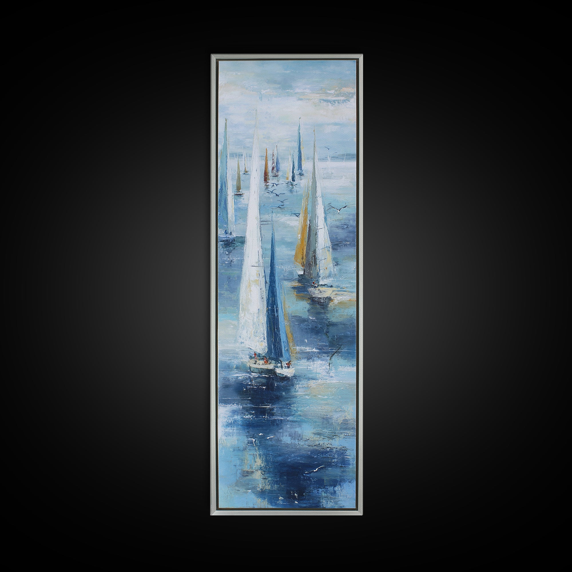 Sailboats on a Bright Sparkling Harbor Framed Canvas Print, Impressionist Art, Wall Art, Living Room Decor, Oil Painting, IMP-1x3-45