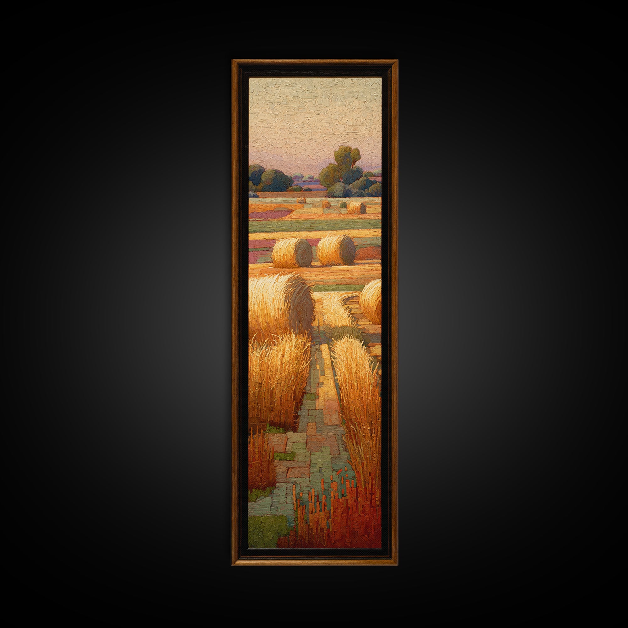 Haystacks Glowing at Golden Hour Framed Canvas Print, Impressionist Art, Living Room Wall Art, Living Room Decor, Impression, IMP-1x3-64