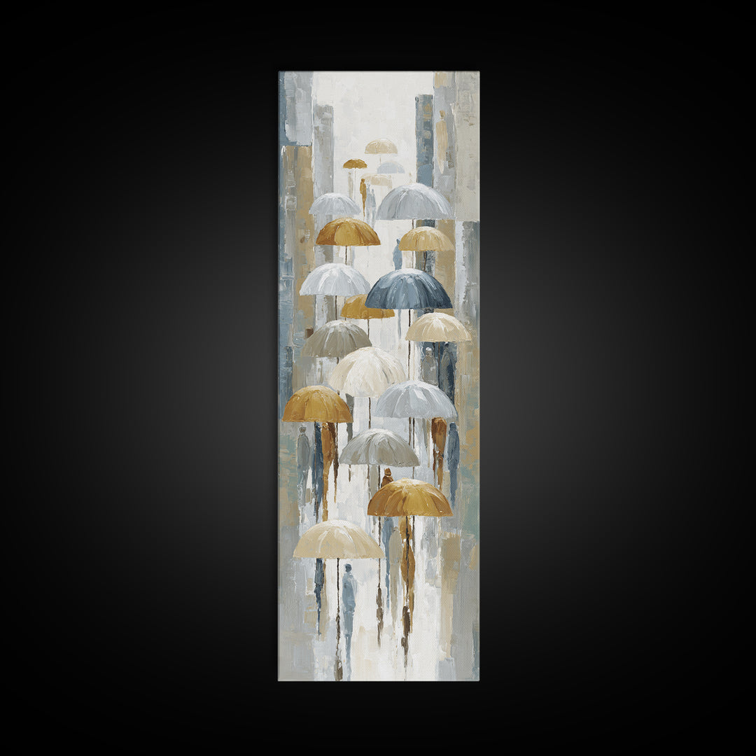 Rainy Boulevard with Umbrella Shapes Canvas Print, Impressionist Art, Abstract Painting, Living Room Decor, Abstract Art, IMP-1x3-81