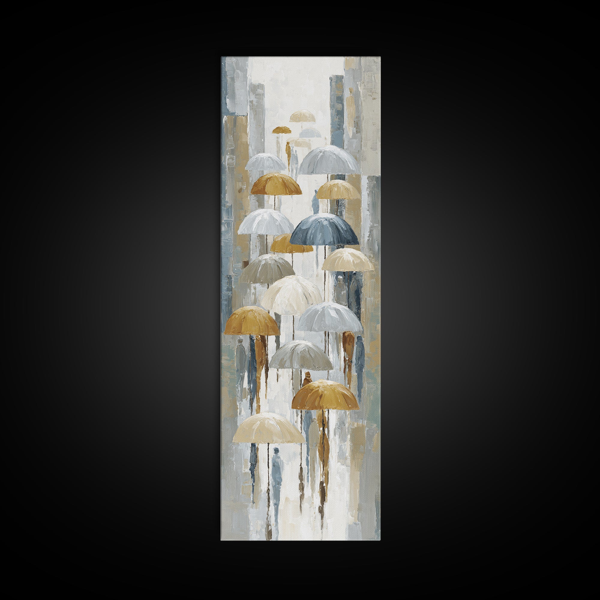 Rainy Boulevard with Umbrella Shapes Canvas Print, Impressionist Art, Abstract Painting, Living Room Decor, Abstract Art, IMP-1x3-81