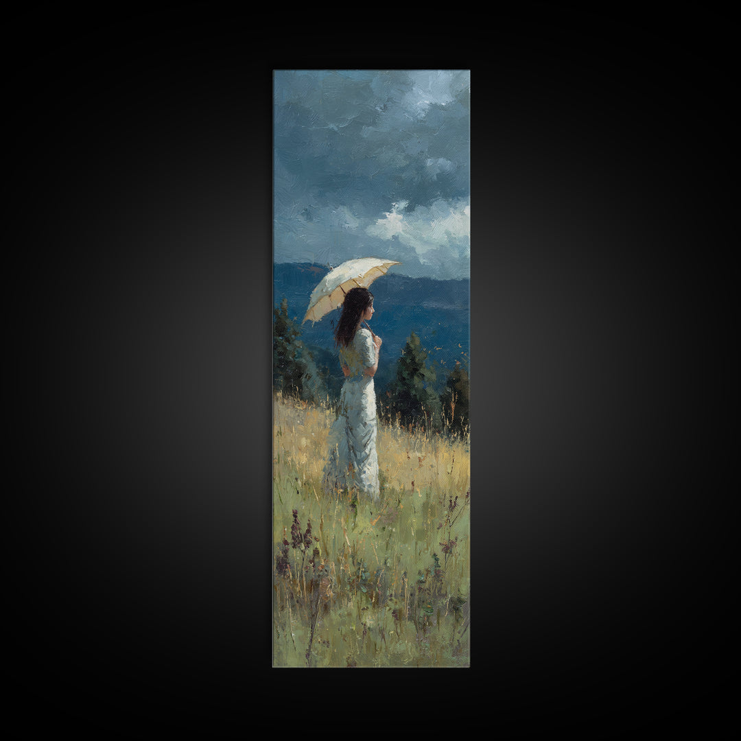 Woman with Parasol in Breezy Meadow Framed Canvas Print, Impressionist Art, Statement Artwork, Living Room Decor, Impression, IMP-1x3-87