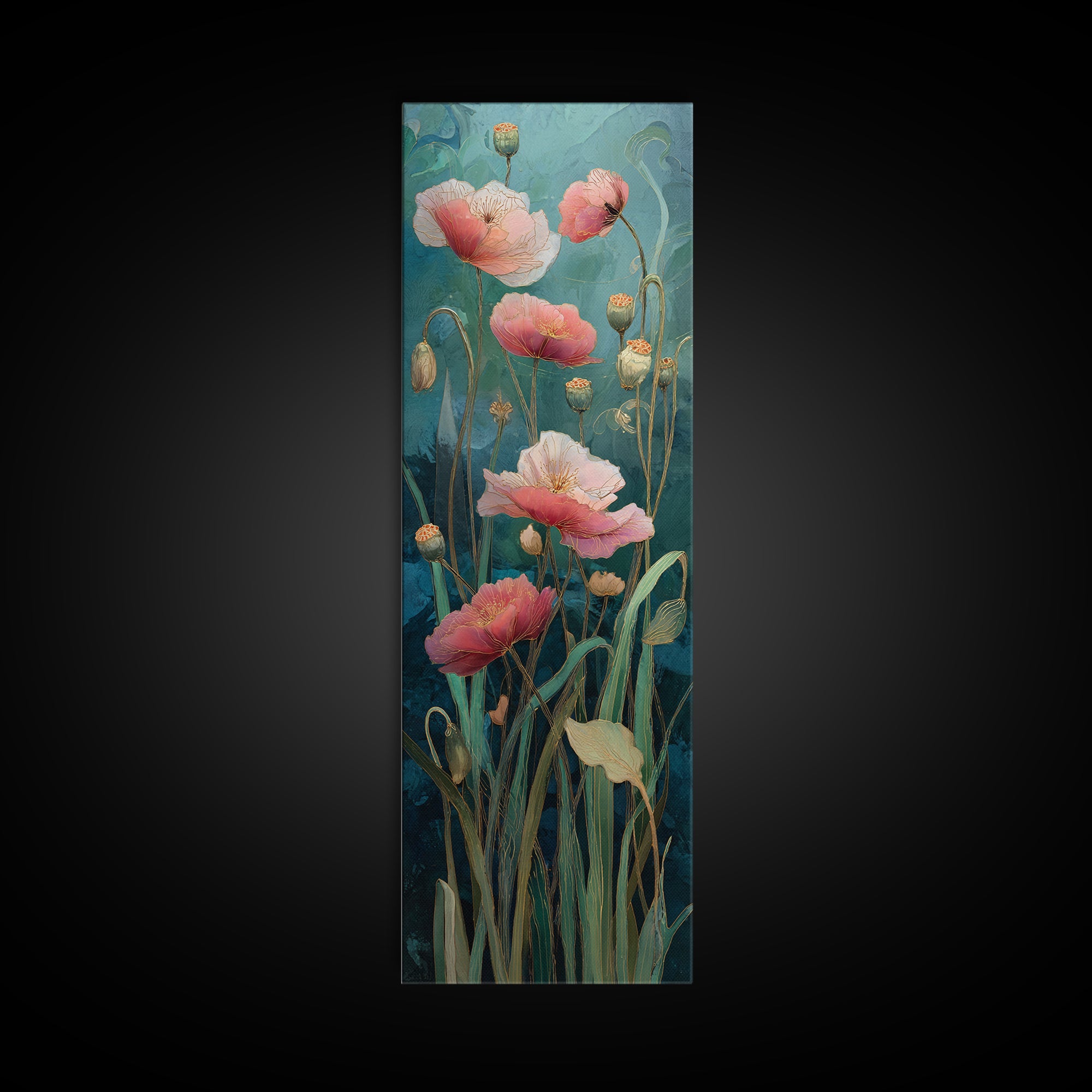 Poppies Blowing Through Green Grass Framed Canvas Print, Impressionist Art, Landscape Art, Living Room Decor, Abstract Art, IMP-1x3-96