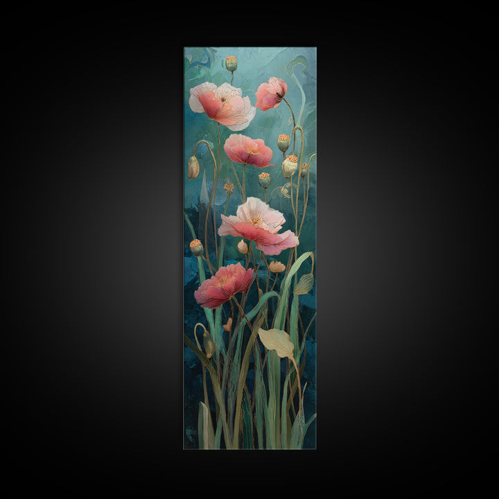 Poppies Blowing Through Green Grass Framed Canvas Print, Impressionist Art, Landscape Art, Living Room Decor, Abstract Art, IMP-1x3-96