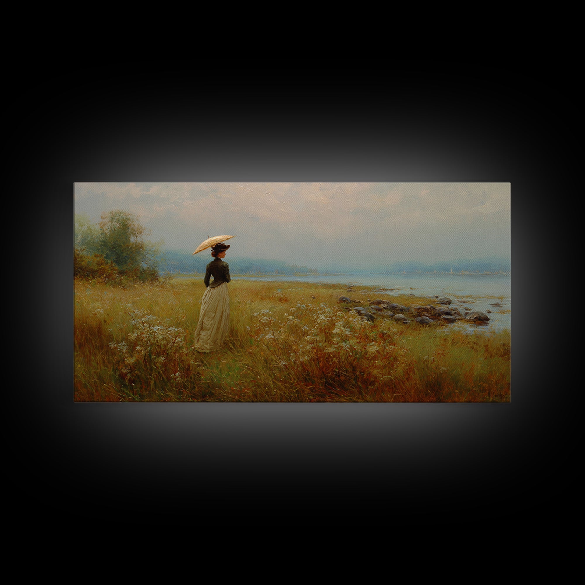 Woman with Parasol in Breezy Meadow Framed Canvas Print, Impressionist Art, Original Art, Living Room Decor, Impression, IMP-2x1-23
