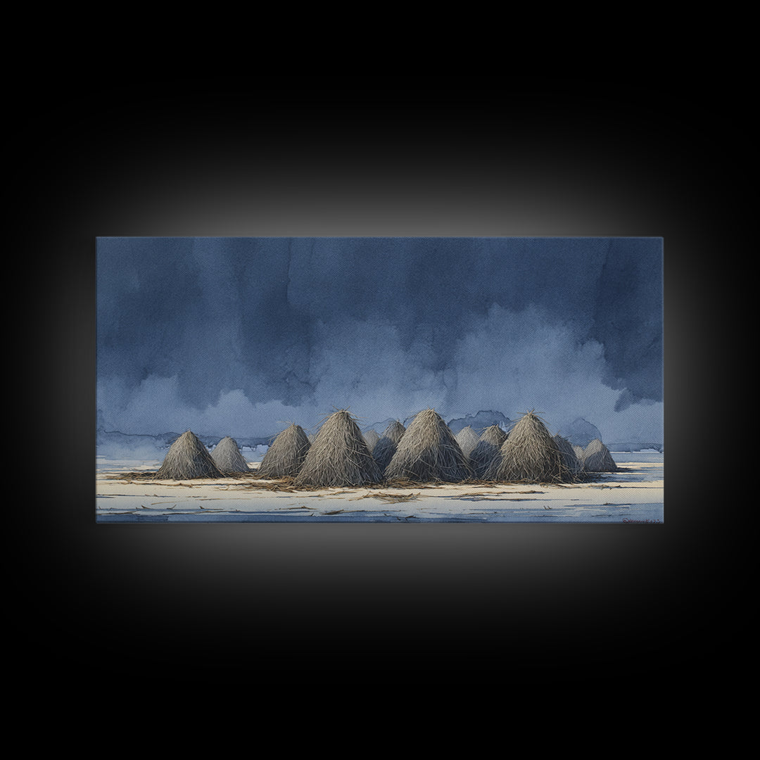 Haystacks Glowing at Golden Hour Framed Canvas Print, Impressionist Art, Minimalist Decor, Living Room Decor, Impression, IMP-2x1-24