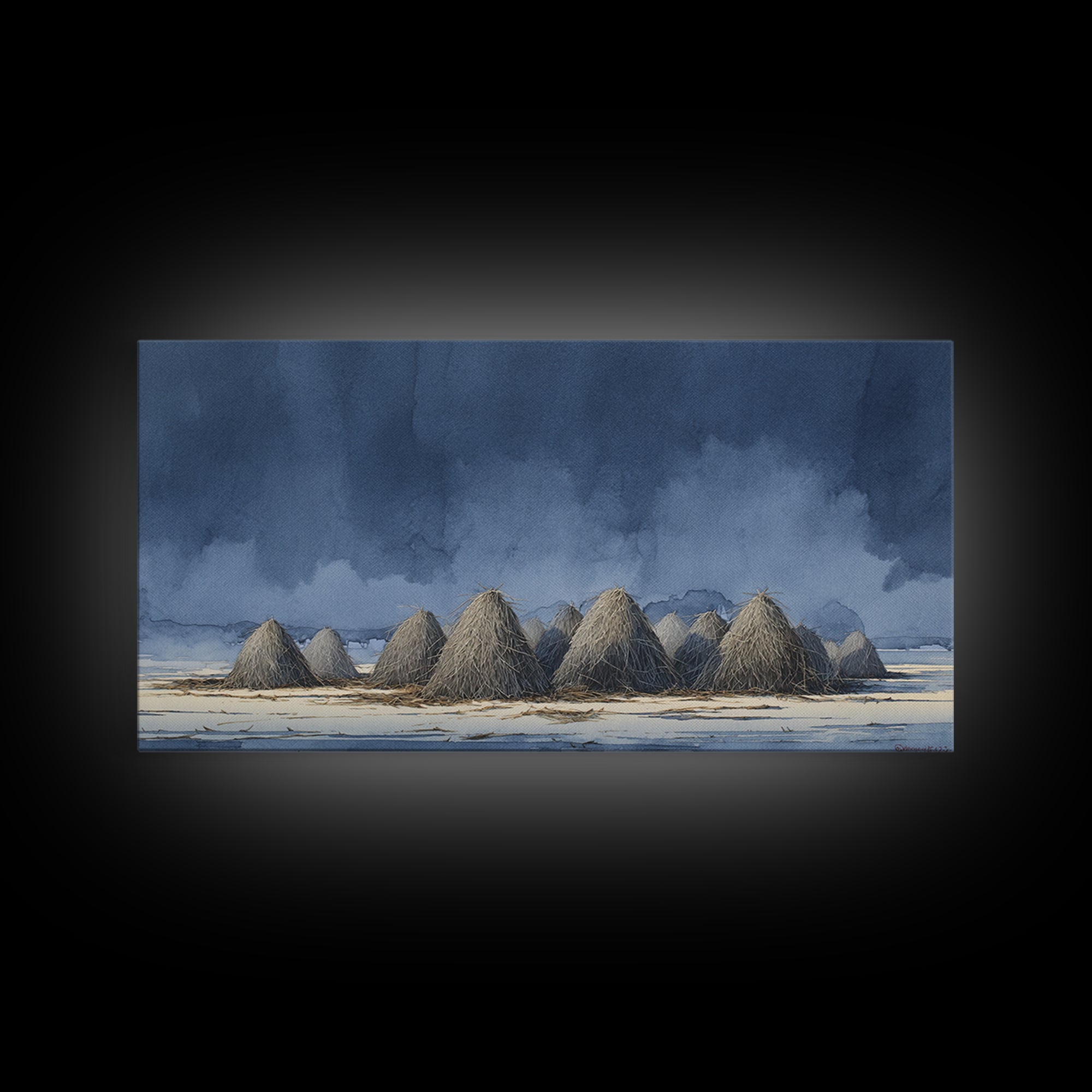 Haystacks Glowing at Golden Hour Framed Canvas Print, Impressionist Art, Minimalist Decor, Living Room Decor, Impression, IMP-2x1-24