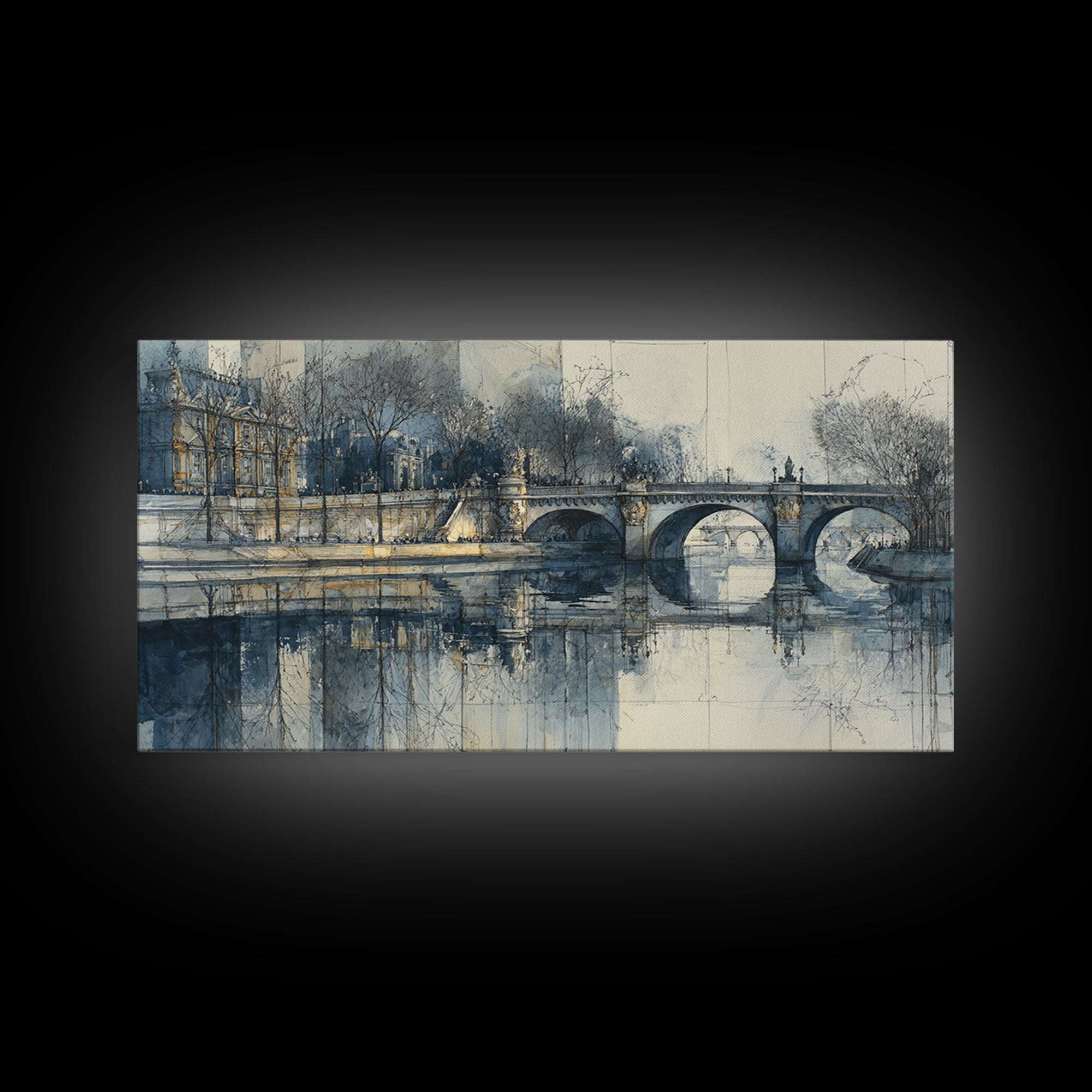 Paris Bridge Reflected Framed Canvas Print, Impressionist Art, Boho Decor, Living Room Decor, Oil Painting, Impression, IMP-2x1-27