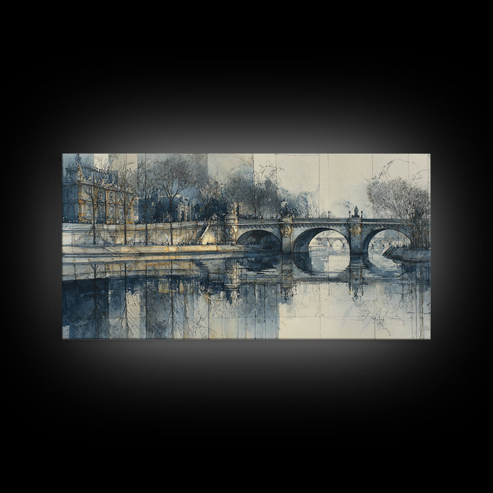 Paris Bridge Reflected Framed Canvas Print, Impressionist Art, Boho Decor, Living Room Decor, Oil Painting, Impression, IMP-2x1-27