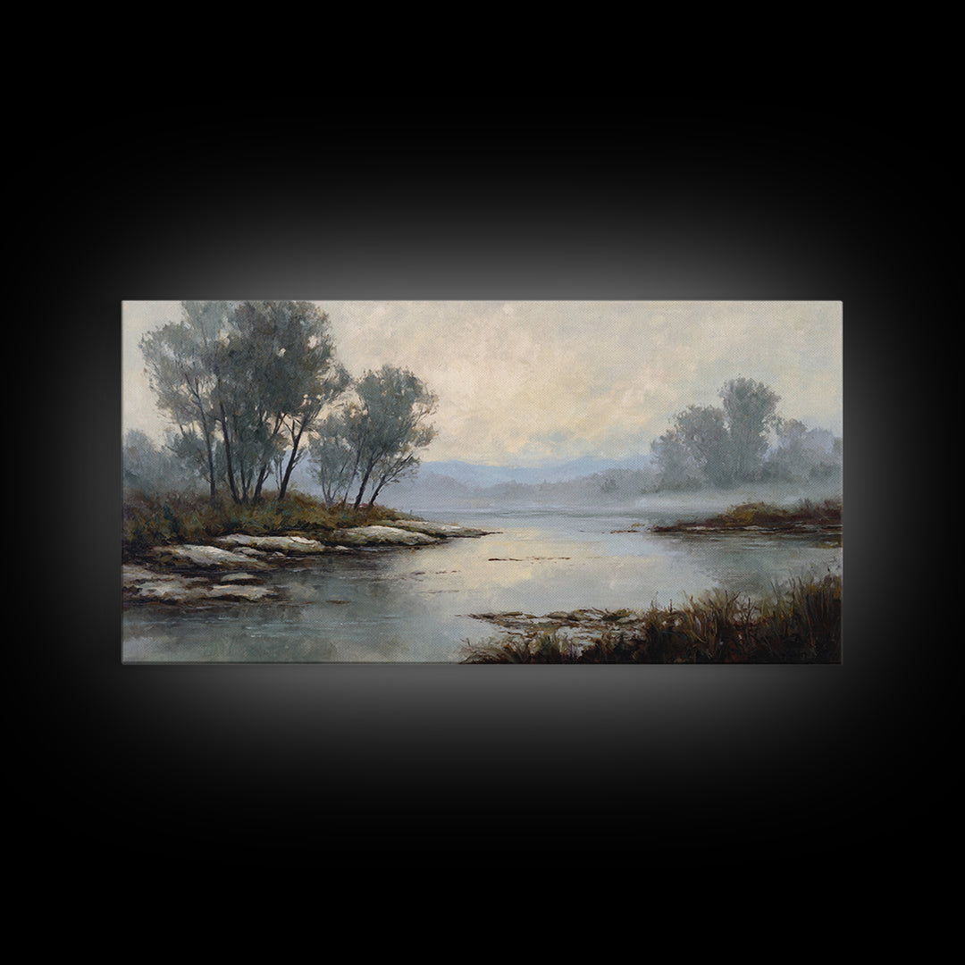 Misty Riverbank with Willow Trees Canvas Print, Impressionist Art, Textured Wall Art, Living Room Decor, Fine Art, Impression, IMP-2x1-31