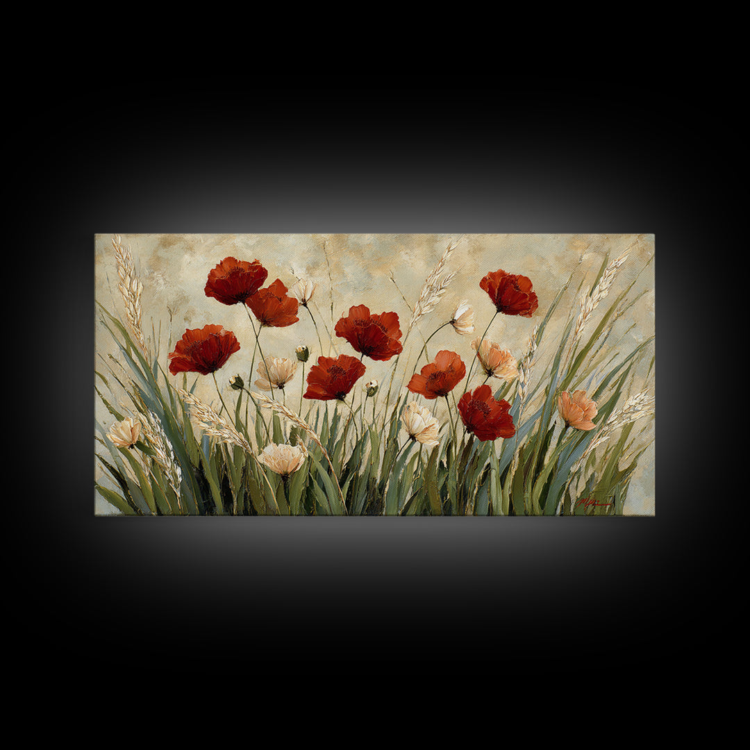Poppies Blowing Through Green Grass Canvas Print, Impressionist Art, Wall Art, Living Room Decor, Oil Painting, Impression, IMP-2x1-32