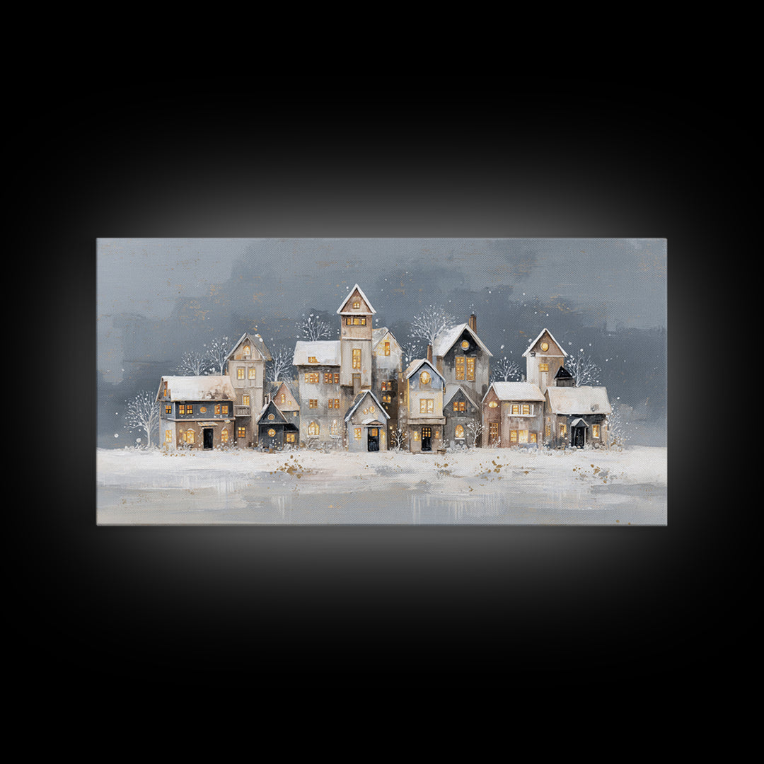 Snowy Village with Warm Glowing Windows Framed Canvas Print, Impressionist Art, Art Print, Living Room Decor, Impression, IMP-2x1-33