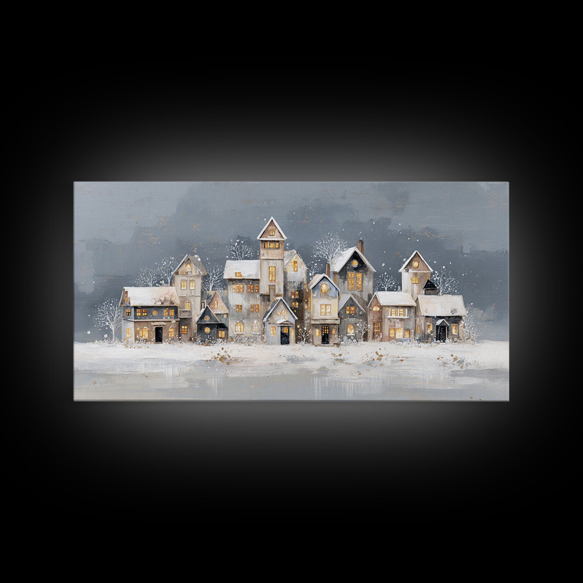 Snowy Village with Warm Glowing Windows Framed Canvas Print, Impressionist Art, Art Print, Living Room Decor, Impression, IMP-2x1-33