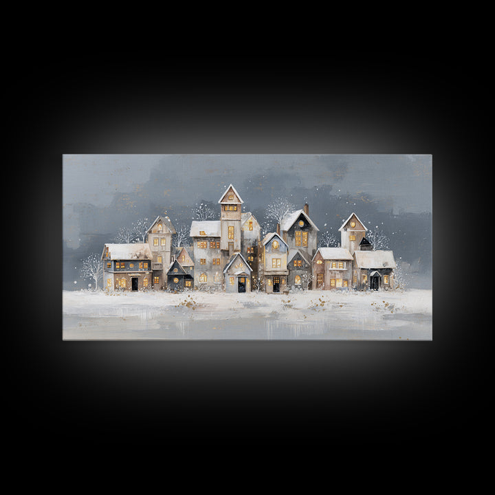 Snowy Village with Warm Glowing Windows Framed Canvas Print, Impressionist Art, Art Print, Living Room Decor, Impression, IMP-2x1-33