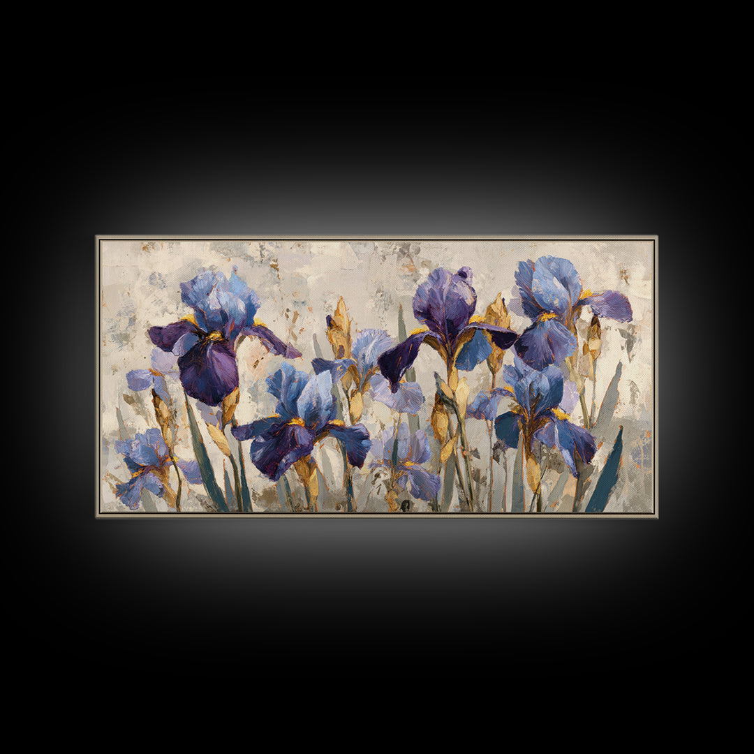 Iris Garden with Blue Violet Strokes Framed Canvas Print, Impressionist Art, Wall Decor, Living Room Decor, Impression, IMP-2x1-40