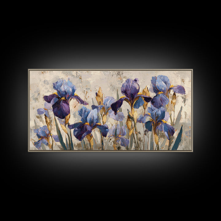 Iris Garden with Blue Violet Strokes Framed Canvas Print, Impressionist Art, Wall Decor, Living Room Decor, Impression, IMP-2x1-40