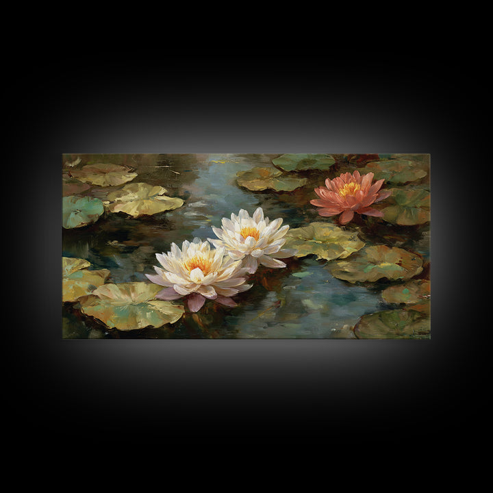 Water Lilies Floating on a Sunlit Pond Framed Canvas Print, Impressionist Art, Farmhouse Decor, Living Room Decor, Impression, IMP-2x1-45